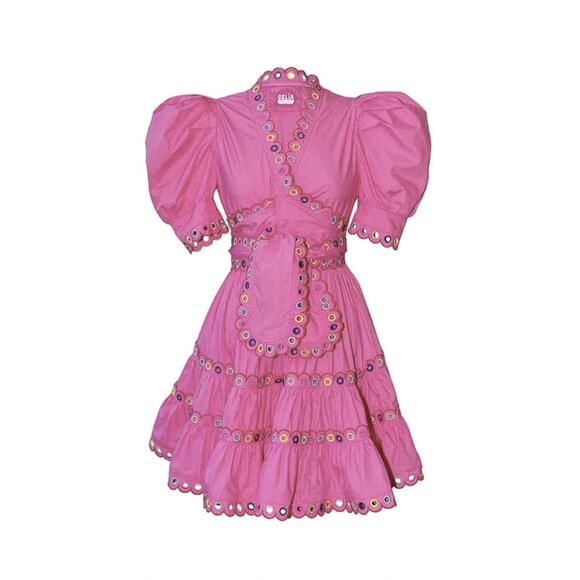 CELIA B Einar Pink Embroidered Puff Sleeve Tiered Mini Dress Size Small - Picture 3 of 5